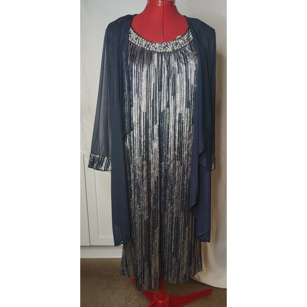 NWT R&M Richards Beaded Jacket Sheath Dress 2 Piece Set Size 12 Navy/Silver 3377